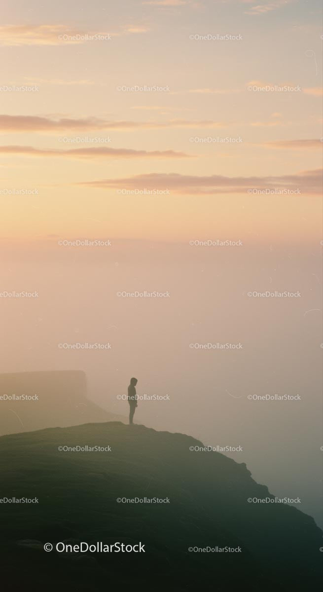 Solitary Silhouette on Foggy Cliff at Sunrise