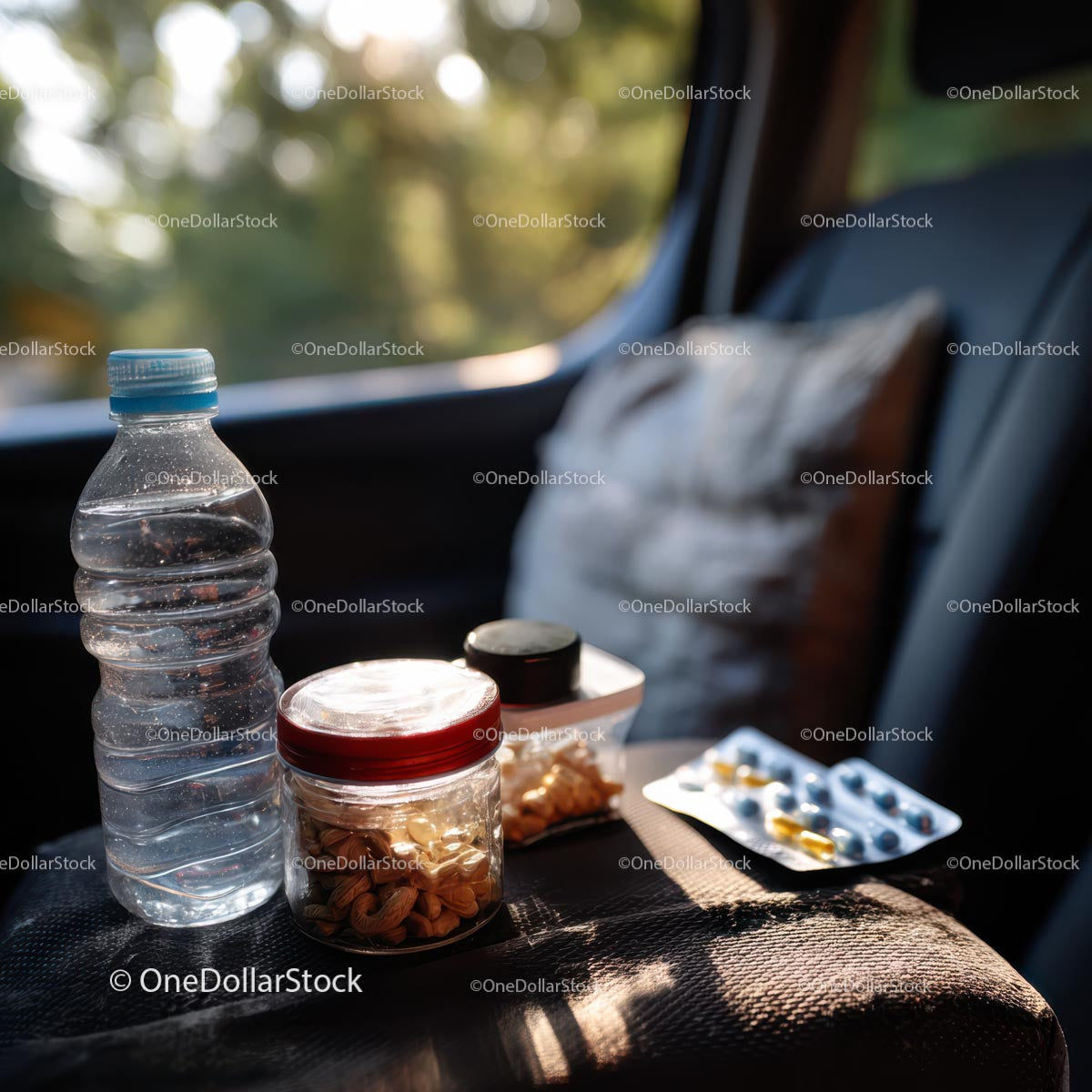 Travel Essentials with Snacks and First Aid Kit in Car