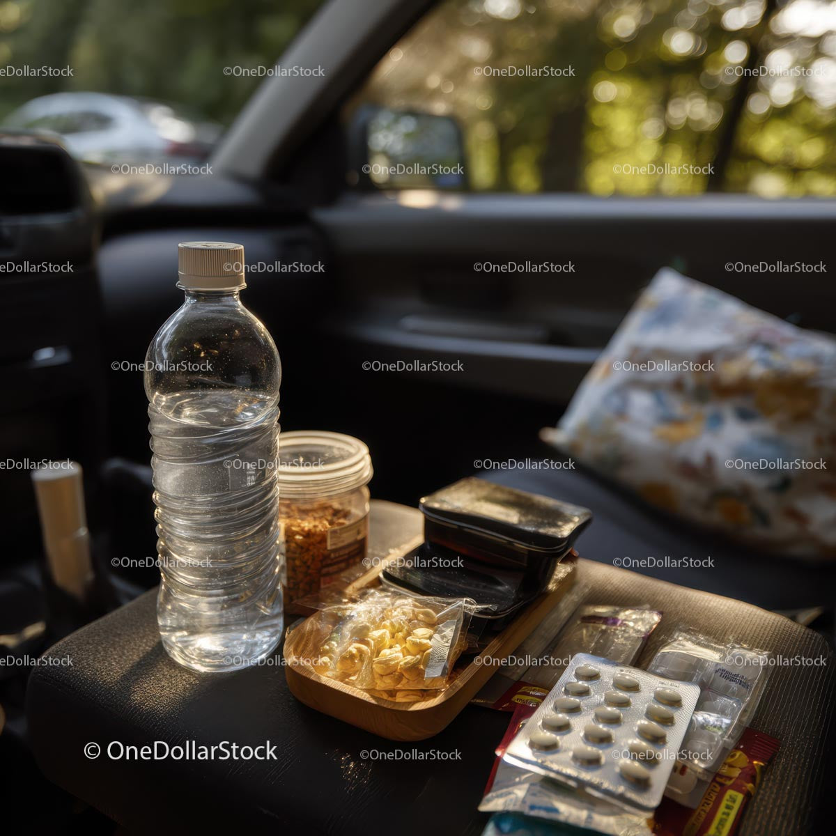 Travel Essentials with Snacks and First Aid Kit in Car