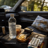 Travel Essentials with Snacks and First Aid Kit in Car