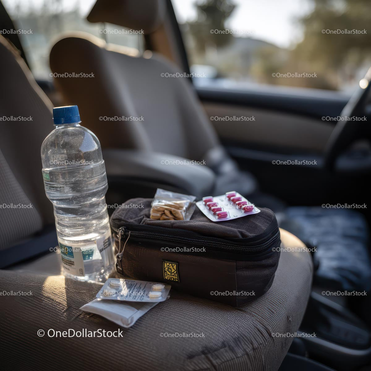 Travel Essentials with Snacks and First Aid Kit in Car