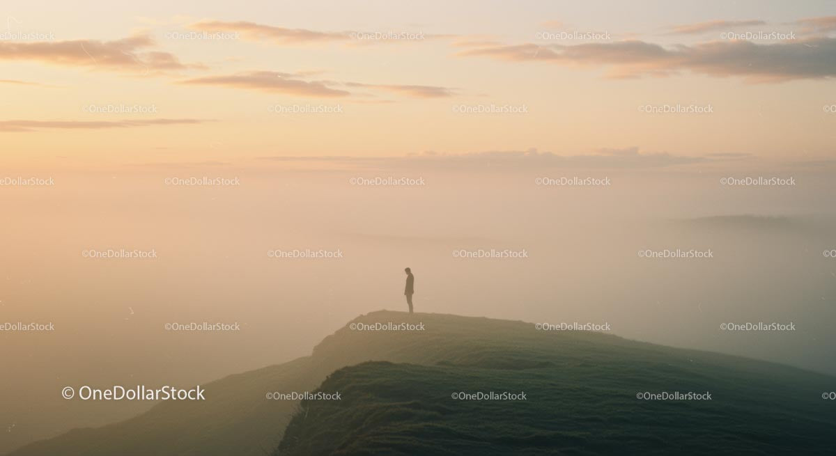 Osoba stojąca na wzgórzu Misty Hill o wschodzie słońca