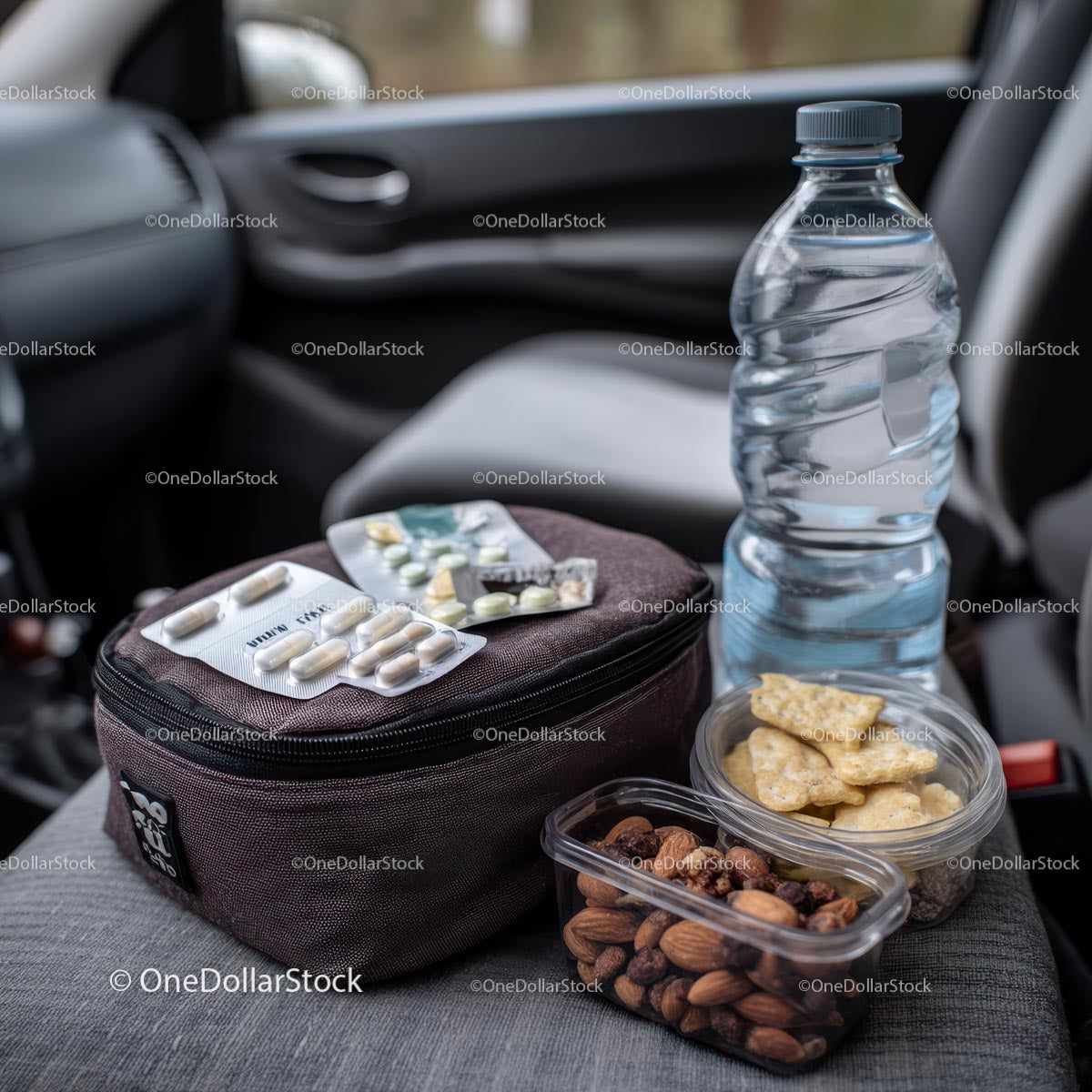 Travel Essentials with Snacks and First Aid Kit in Car