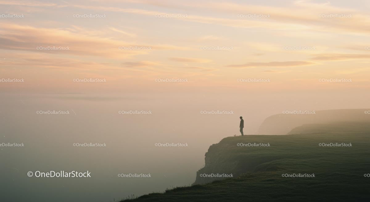 Solitary Figure on Cliff at Misty Sunset