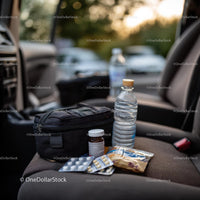 Travel Essentials with Snacks and First Aid Kit in Car