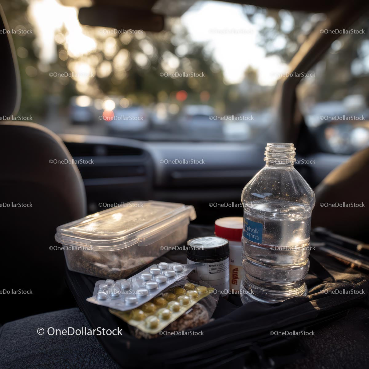 Travel Essentials in Car with Snacks and Bottled Water