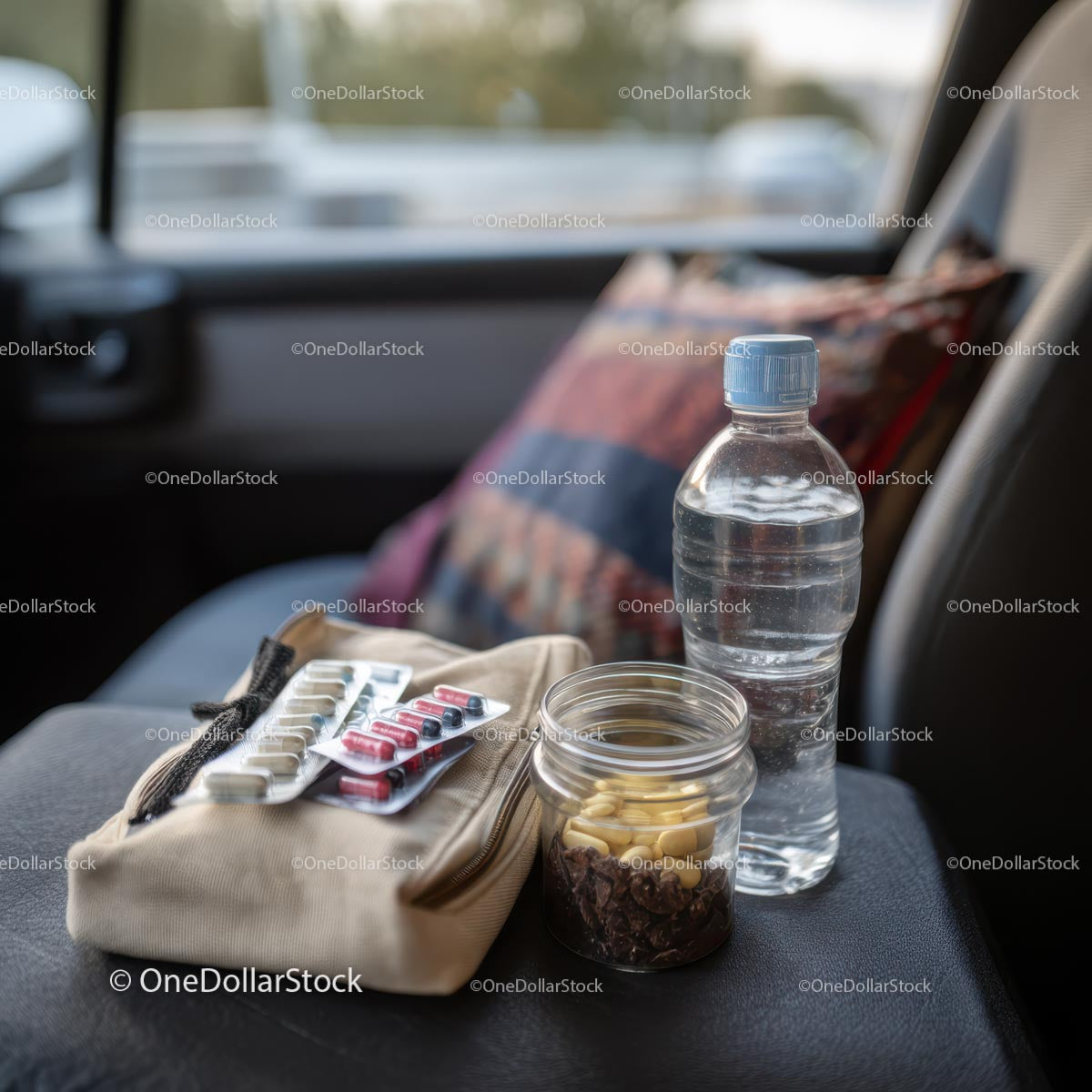 Travel Essentials with Snacks and First Aid Kit in Car