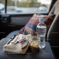 Travel Essentials with Snacks and First Aid Kit in Car