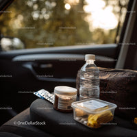 Travel Essentials with Snacks and First Aid Kit in Car