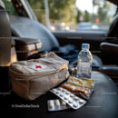 Travel Essentials with Snacks and First Aid Kit in Car