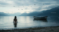 Woman at Peaceful Lakeside with Boat and Birds