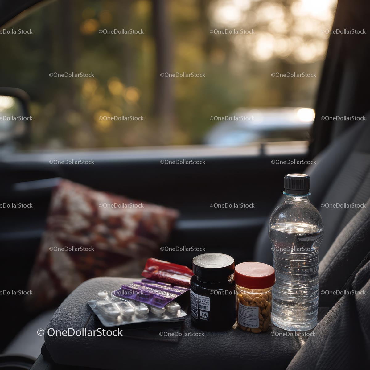 Travel Essentials with Snacks and First Aid Kit in Car