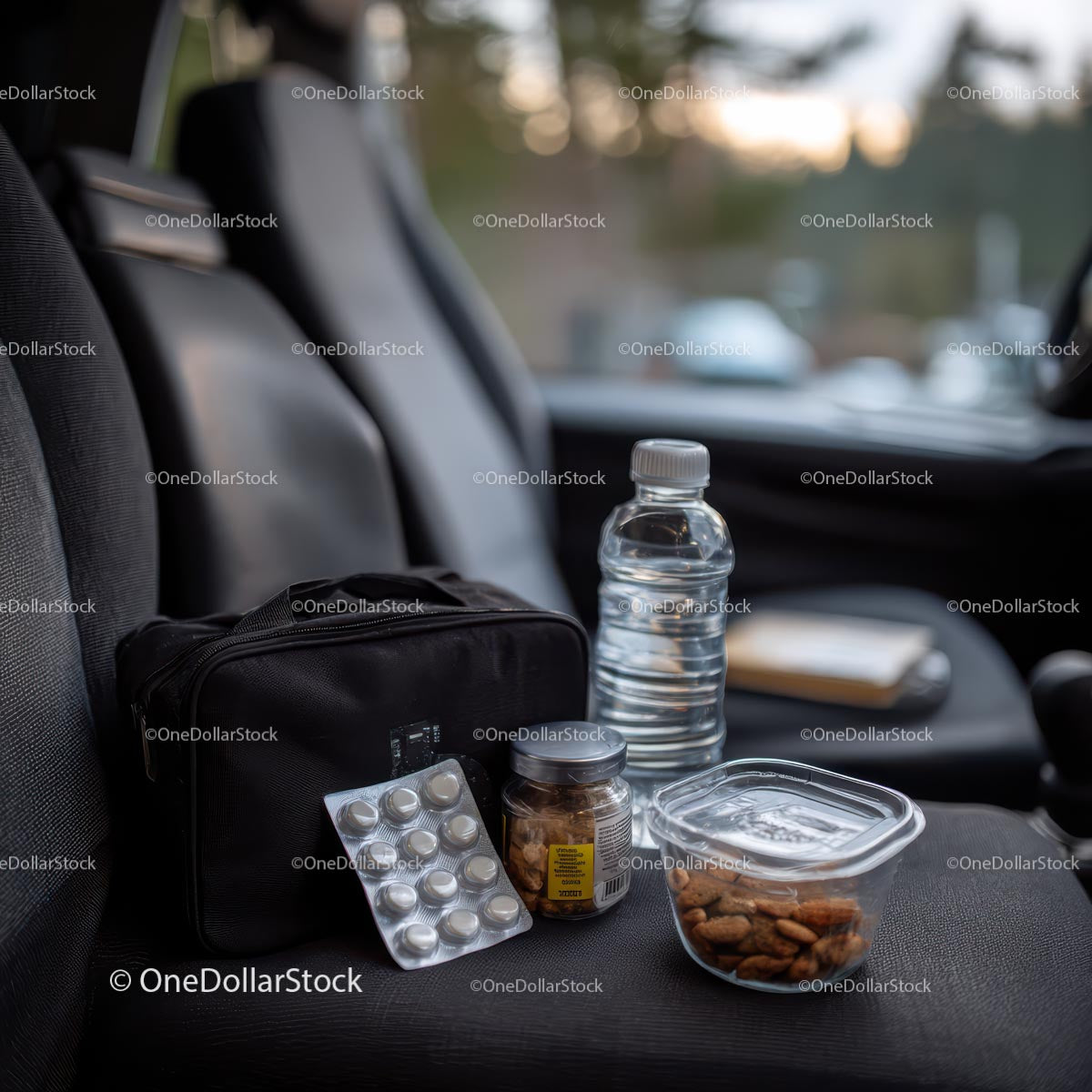 Travel Essentials with Snacks and First Aid Kit in Car
