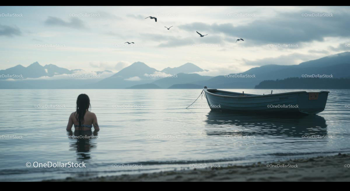 Woman Wading in Calm Lake with Rowboat and Mountain View