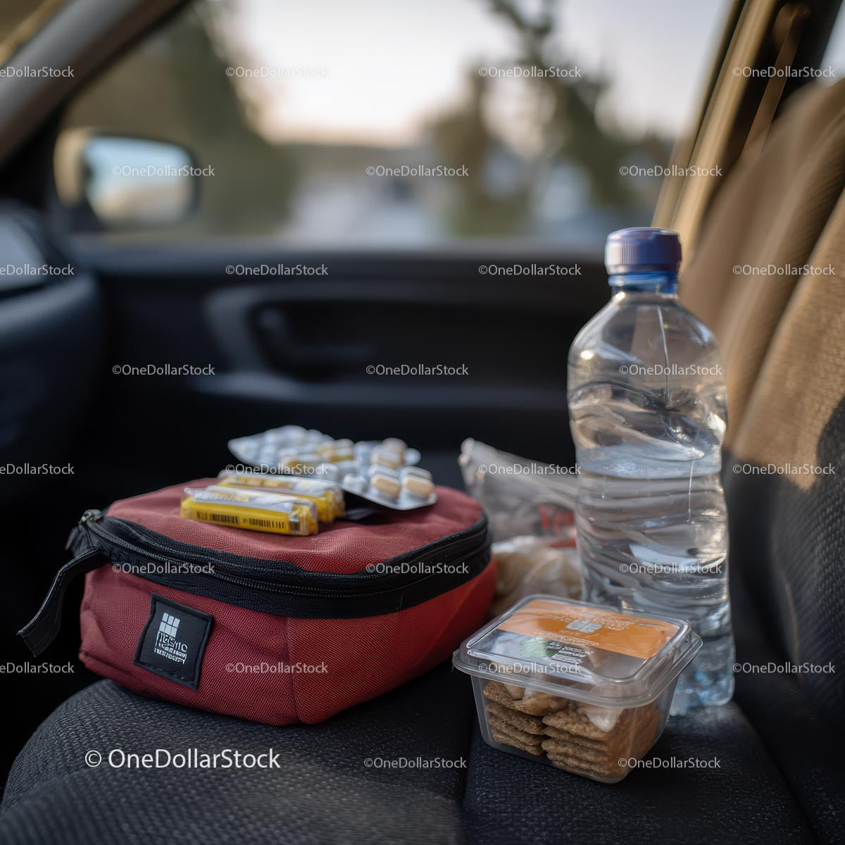 Travel Essentials with Snacks and First Aid Kit in Car