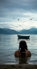 Serene Lake View with Floating Blue Boat and Flying Birds
