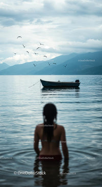 Woman Stands in Tranquil Waters with Boat and Birds