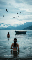 Women Swimming in Serene Mountain Lake at Sunset