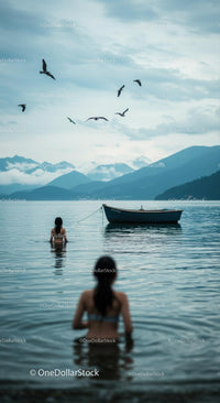 Women Swimming in Serene Mountain Lake at Sunset