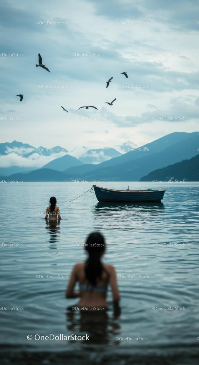 Women Swimming in Serene Mountain Lake at Sunset