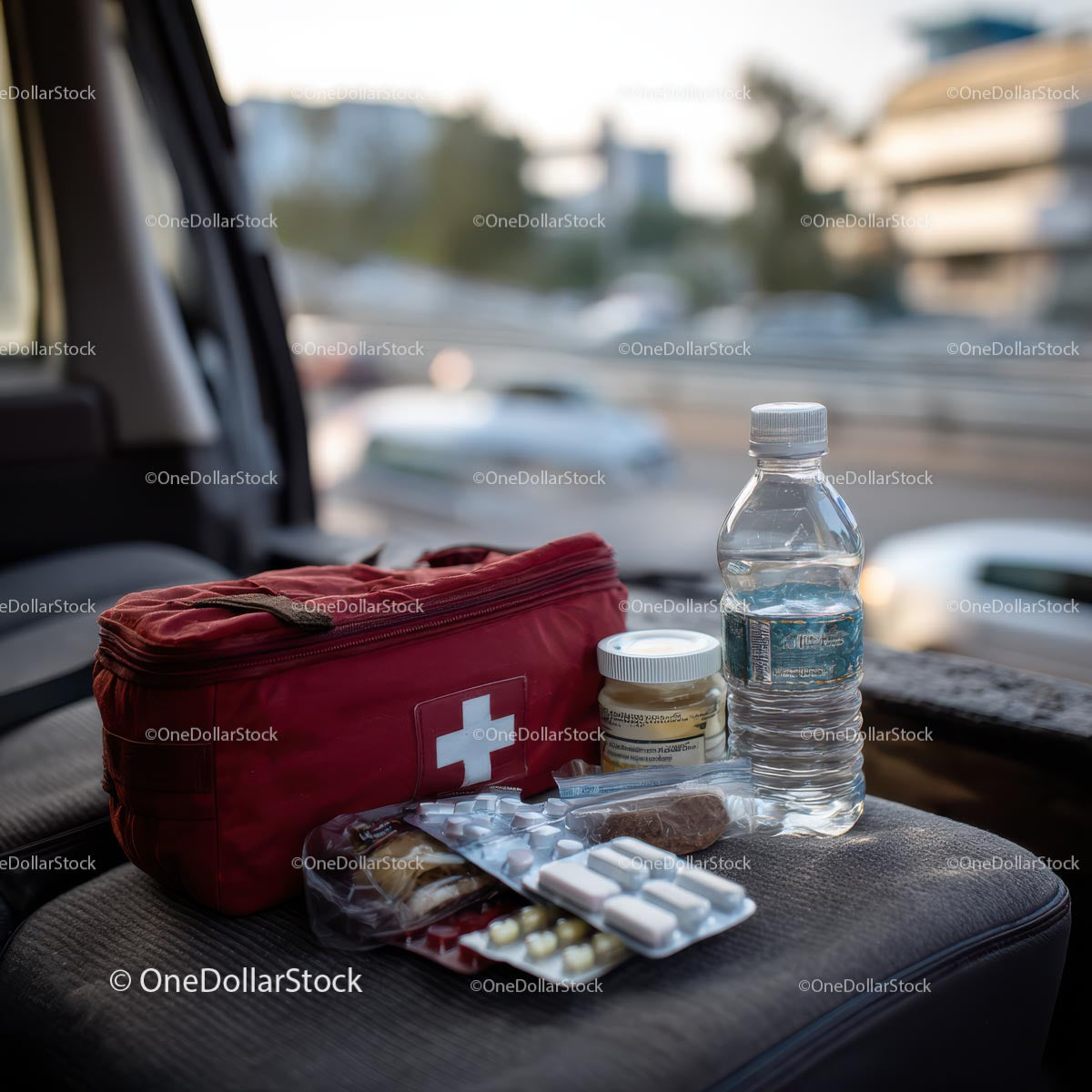 Travel Essentials with Snacks and First Aid Kit in Car