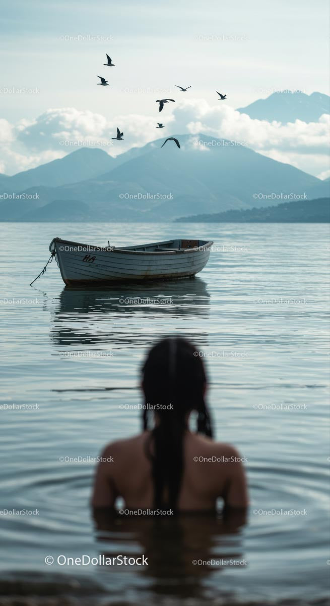 Peaceful Lake View with Boat and Mountains in the Distance