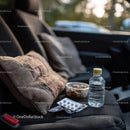 Travel Essentials with Snacks and First Aid Kit in Car
