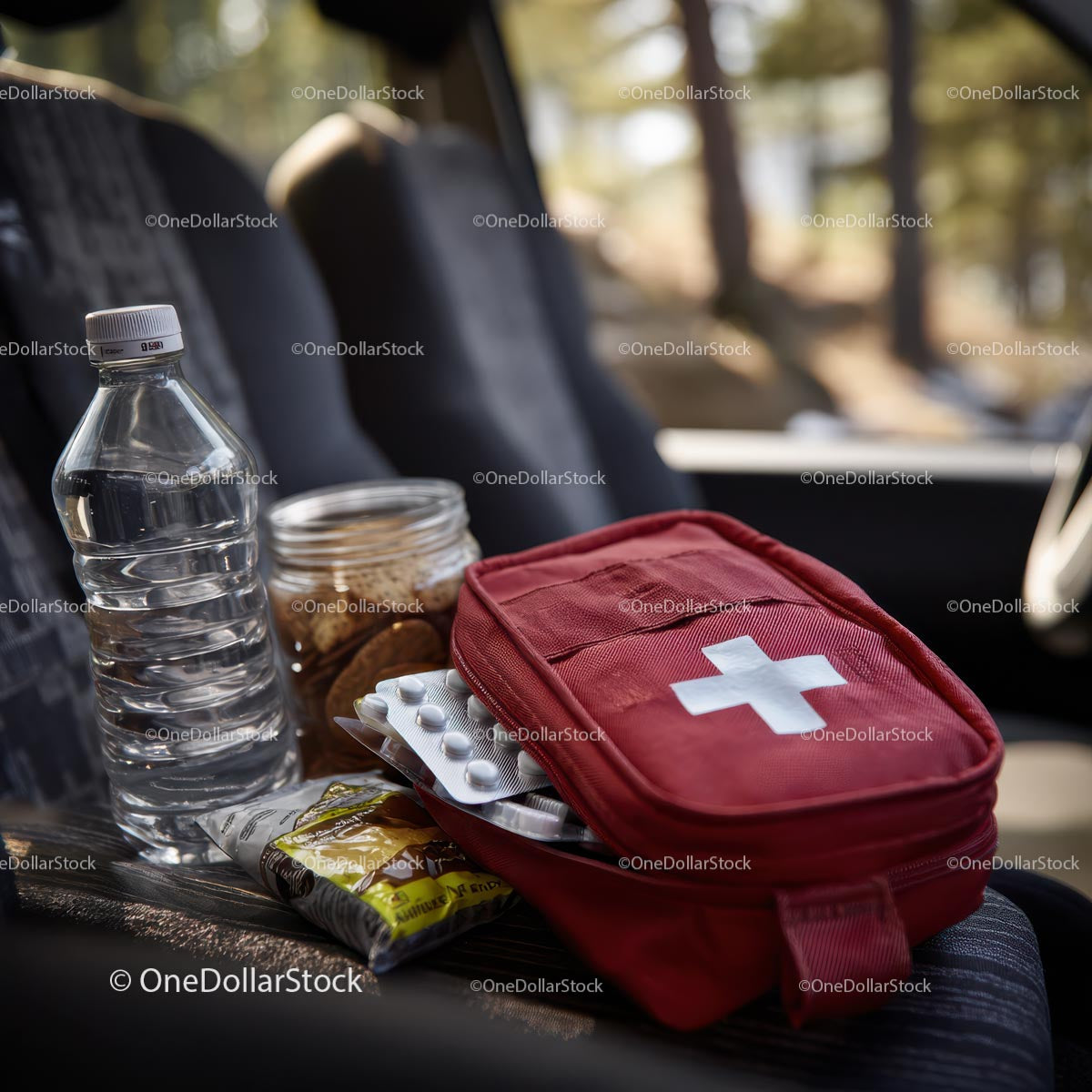 Travel Essentials with Snacks and First Aid Kit in Car