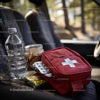 Travel Essentials with Snacks and First Aid Kit in Car