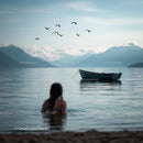 Woman Swimming in Tranquil Lake with Mountain View