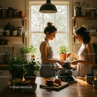 Women Preparing a Meal in Sunlit Kitchen