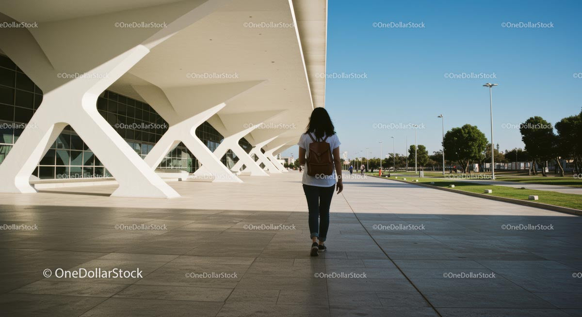 Woman Walking by Modern Architectural Structure