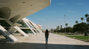 Futuristic Building and Palm-Lined Walkway Under Blue Sky