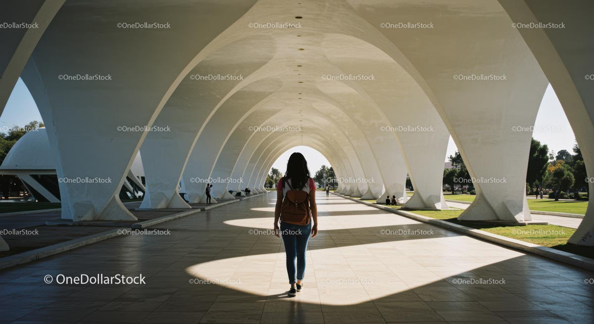 Person Walking Under Modern Concrete Arches