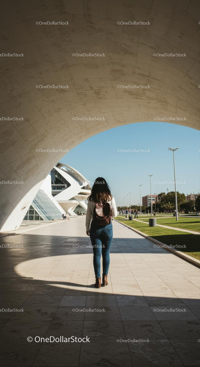 Kobieta odkrywająca nowoczesną architekturę w słoneczny dzień
