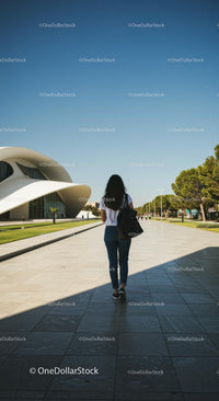 Woman Walking Near Modern Architectural Building