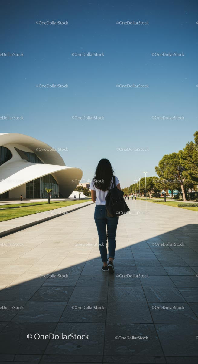 Kobieta spacerująca obok nowoczesnego budynku architektonicznego