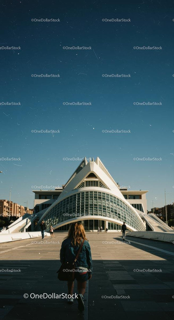 Futurystyczny budynek w Walencji na tle jasnoniebieskiego nieba
