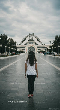 Girl Walking Towards Futuristic Building in Valencia
