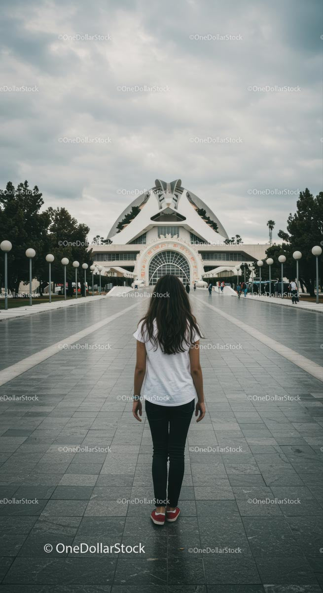 Girl Walking Towards Futuristic Building in Valencia