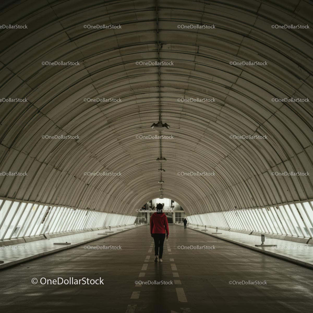 Person Walking Through Modern Arched Tunnel