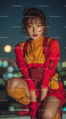 Stylish Woman in Vibrant Red Outfit at Night
