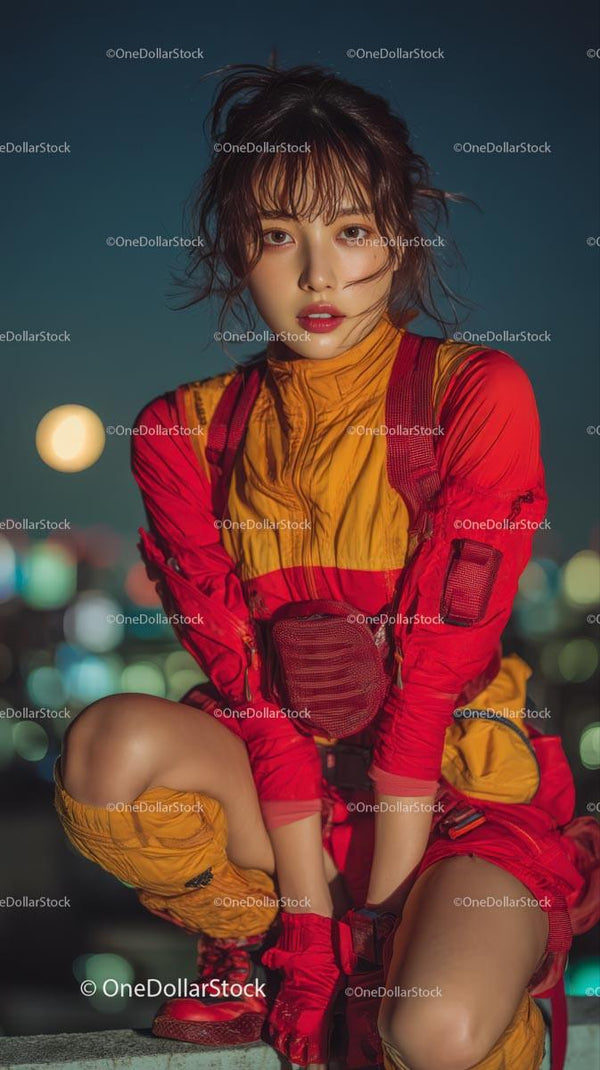 Stylowa kobieta w żywoczerwonym stroju nocą (20 zdjęć)