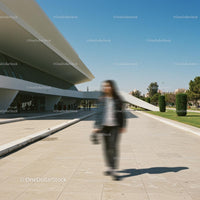 Blurred Figure Against Modern Architecture and Blue Sky