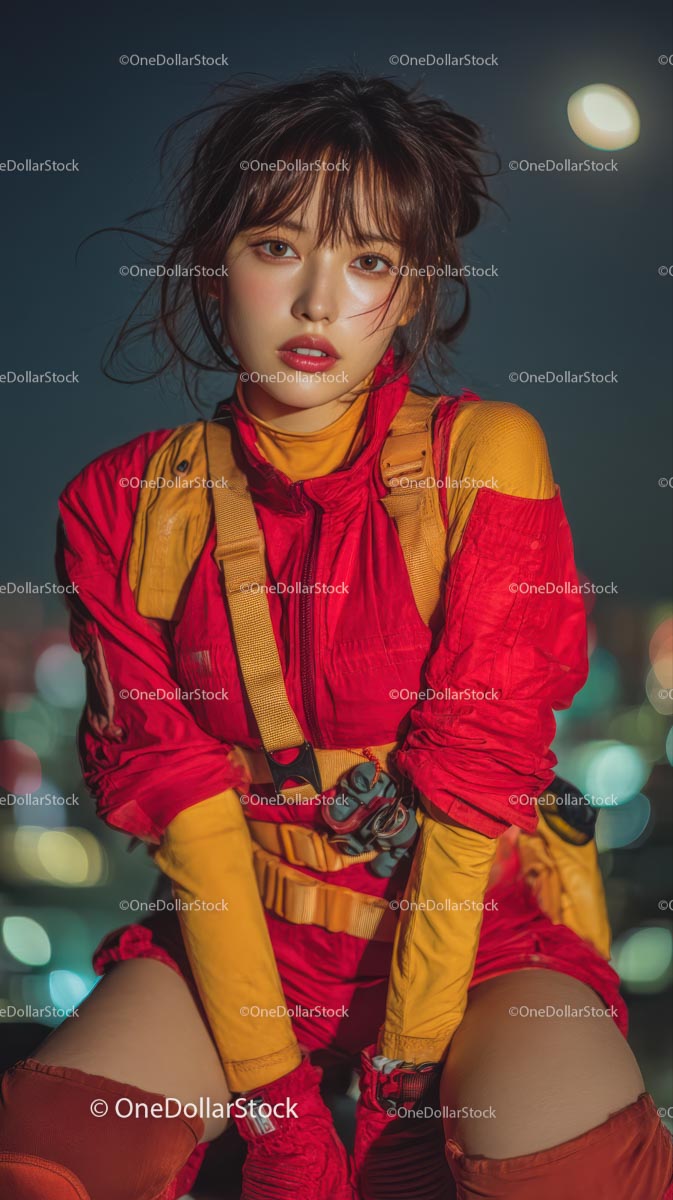 Vibrant Fashion Portrait Against Cityscape at Night