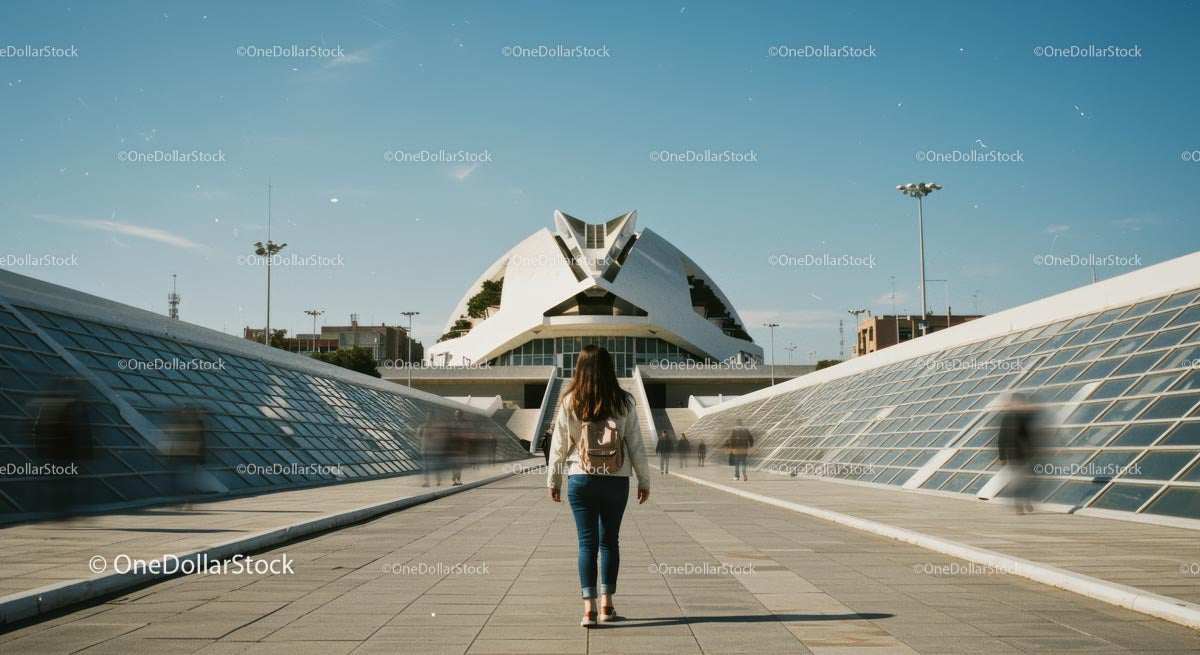 Kobieta odkrywająca nowoczesną architekturę pod błękitnym niebem