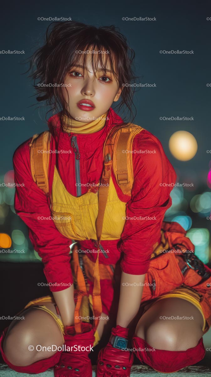 Stylish Woman in Red Outfit with City Lights Background