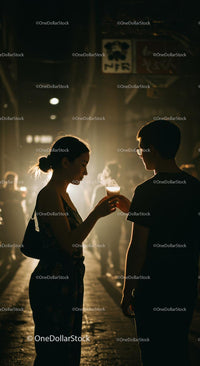 Silhouette of a Young Couple Enjoying a City Night Scene