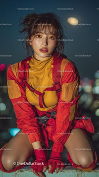 Stylish Woman in Vibrant Red and Yellow Attire on Rooftop