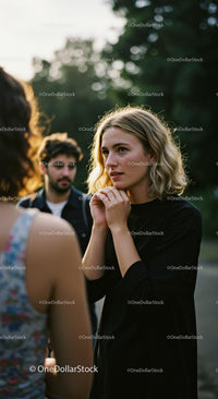 Young Woman Engages in Outdoor Conversation